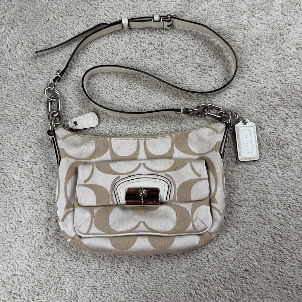 COACH Kristin Op Art Signature East West Crossbody‎ Sateen Shoulder Beige Canvas